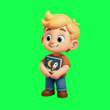 Cartoon boy holding space book animation, transparent 4K video, green screen