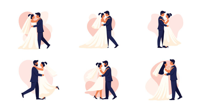 A beautiful collection of wedding illustrations depicting diverse brides and grooms embracing and dancing lovingly, celebrating their special day.