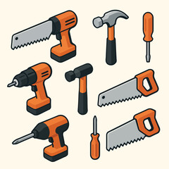 Collection of DIY tools including saws hammers screwdrivers drills and chisel for construction and repair