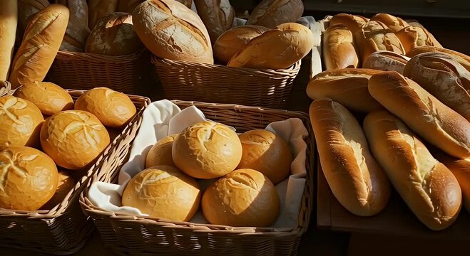 Freshly Baked Breads and Rolls Displayed in Wicker Baskets for Sale