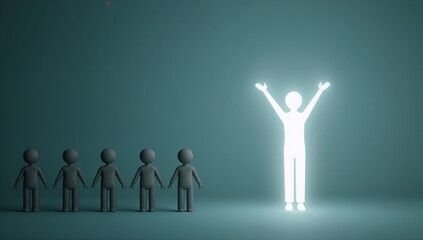 Glowing Figure Radiating Brilliance, Stands Distinct from a Line of Ordinary Grey Individuals, Symbolizing Leadership, Innovation, Breaking Conformity, and Success