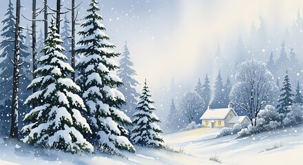 Naklejka premium Cozy winter cabin nestled among snow covered pine trees in a serene forest