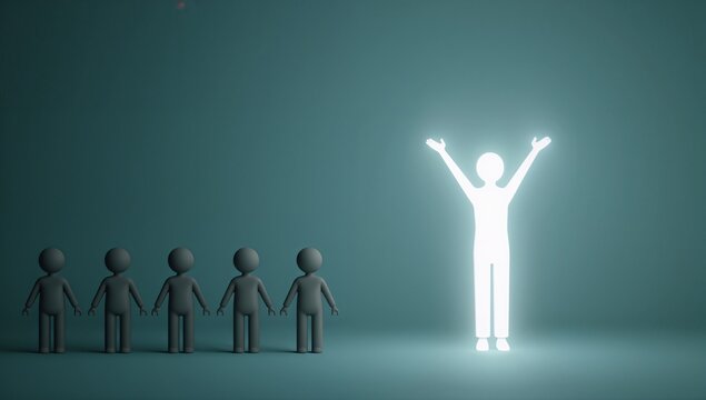 Glowing Figure Radiating Brilliance, Stands Distinct from a Line of Ordinary Grey Individuals, Symbolizing Leadership, Innovation, Breaking Conformity, and Success
