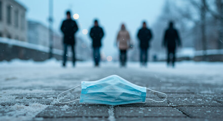 Medical mask on snow-covered street with blurred pedestrians walking  