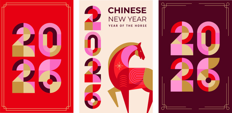 Modern geometric vertical banners for Chinese New Year 2026 - Year of the Horse