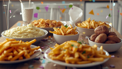 Fototapeta premium Festive Assortment of Potato Dishes and Refreshments Celebration Table Setting