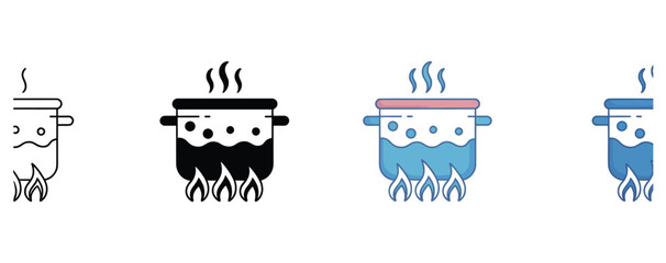 Naklejka premium Exciting icon set showing a pot on the stove with boiling water and steam rising, perfect for cooking blogs, culinary websites, or healthy eating apps, demonstrating food preparation and delicious mea