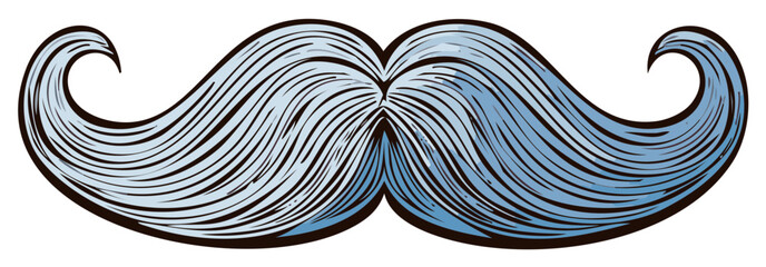 Stylish blue gray handlebar mustache with black outline. Artistic illustration of a classic vintage facial hair style.