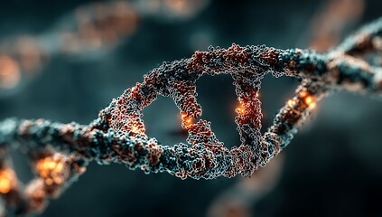 Abstract DNA Double Helix with Orange and Red Glowing Particles genetics science