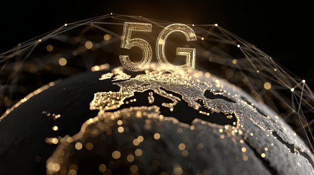 Dynamic 5G network overlaying illuminated Earth, symbolizing global connectivity and future technology innovation