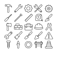 A collection of construction tools illustrated with precise outlines