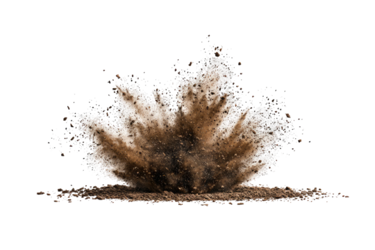 Ground explosion. Debris soaring from impact, dark backdrop