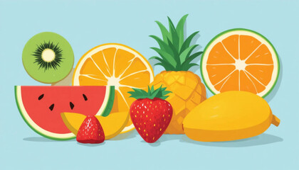 A set of flat colored fruit icon illustrations with plain background. 