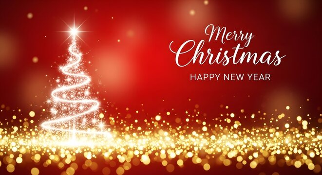 Sparkling christmas tree with merry christmas and happy new year greeting