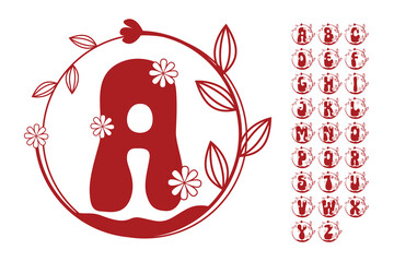Floral Alphabet Vector in Red Color with Decorative Leaves and Flowers