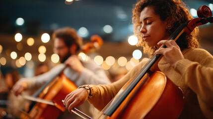 Musician playing cello in concert setting