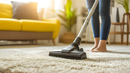 Woman is vacuuming carpet in modern living room with natural light, creating clean and cozy atmosphere. room features yellow sofa and green plants, adding touch of freshness