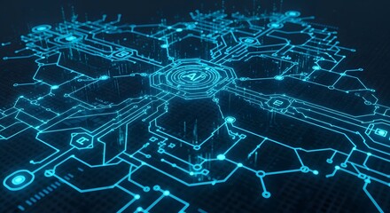 Abstract futuristic blue circuitry and glowing connections in a digital network