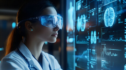 Doctor wearing augmented reality glasses examines digital medical data on futuristic screen, showcasing virtual healthcare technology