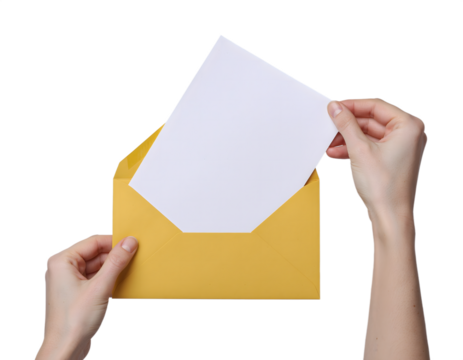 Hands inserting blank white paper into yellow envelope for correspondence and communication isolated on transparent background