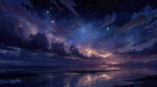 Dark night filled with stars peaceful dreams disrupted concept. A mesmerizing night sky full of stars and reflections on water.