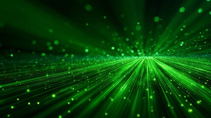Naklejka premium Dynamic green light streams and glowing particles create a mesmerizing abstract digital tunnel, perfect for futuristic tech concepts or data visualization backgrounds.