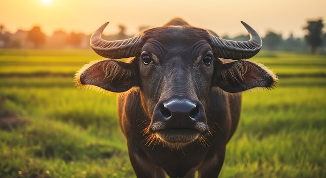 Close up of a water buffalo in a green field with sunset lighting
