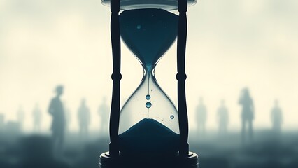 evanescence. An hourglass with liquid time dripping away, surrounded by faint ghostly silhouettes, symbolizing fleeting moments of life. wellbeing guides.