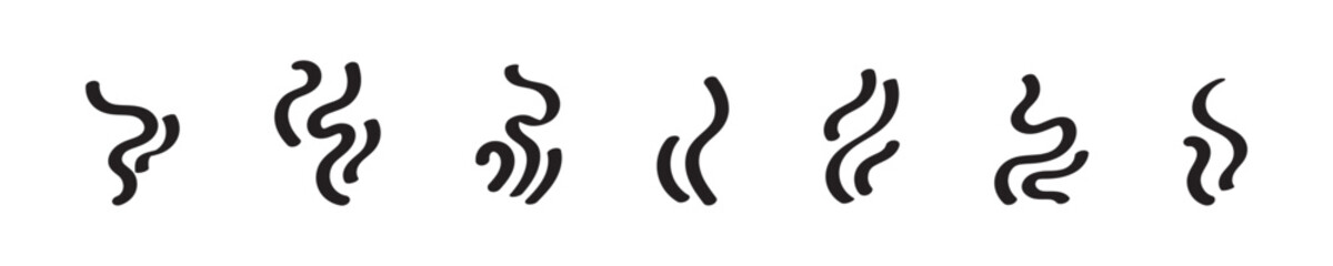 Doodle smoke icons set. Water steam symbols. Hand drawn hot vapors. Line air smell symbols. Doodle fire smoke icons. Vector illustration isolated on white background.