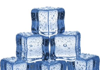 Stacked blue ice cubes with water droplets on a transparent background PNG image for refreshing beverage concepts