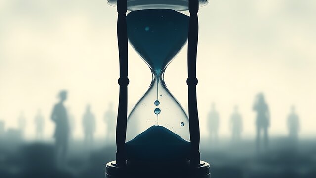 evanescence. An hourglass with liquid time dripping away, surrounded by faint ghostly silhouettes, symbolizing fleeting moments of life. wellbeing guides.
