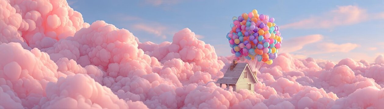 Little house floats on balloons in sky concept. A whimsical house floating among clouds filled with colorful balloons.