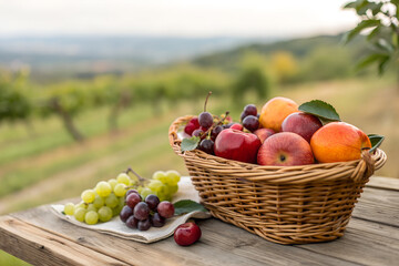 Basket of fresh fruits including apples, grapes and peaches on rustic wooden table in countryside vineyard. Natural organic food and healthy lifestyle background.