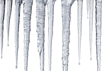 Fototapeta premium Hanging frosted icicles dripping water on a transparent background PNG image PNG file