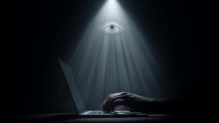 hand is typing on notebook in dark room. all seeing eye is watching. orwell 1984 surveillance in dark room