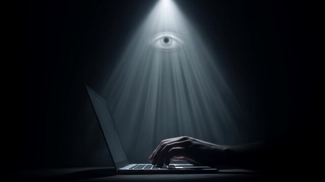 hand is typing on notebook in dark room. all seeing eye is watching. orwell 1984 surveillance in dark room