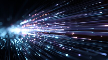 Dynamic abstract light streaks burst forward, symbolizing fast data transfer and digital innovation with vibrant energy and speed.