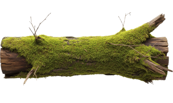 Vibrant green moss covering weathered fallen tree log on a transparent background PNG image PNG file for nature projects
