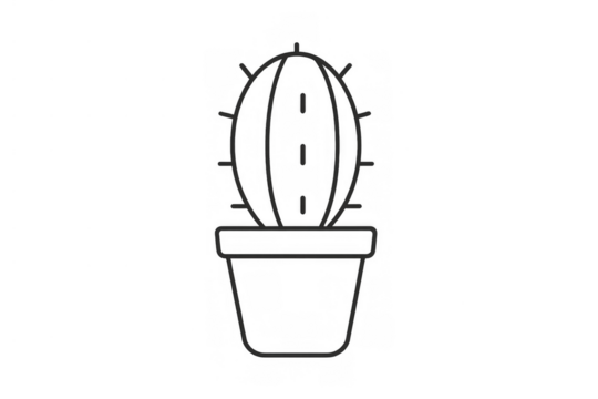 Cactus line art icon in a pot, a simple succulent plant outline drawing for desert and botanical concepts