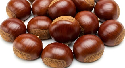 Obraz premium Close up of fresh brown chestnuts arranged on white background