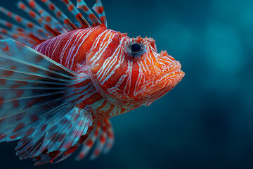 Striking close-up of a colorful lionfish, showcasing its distinctive patterns and feathery fins against a deep blue background.