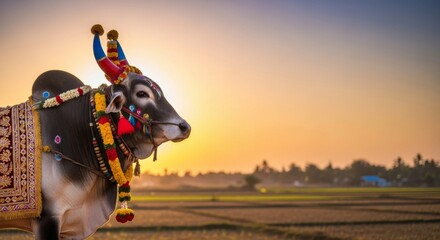 Pongal Festival, bull decorated with colorful ornaments (Mattu Pongal)