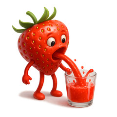 Surrealistic illustration: An anthropomorphic strawberry pouring strawberry juice from its mouth into a glass