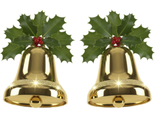 Golden Christmas bells with holly and red berries on a transparent background, PNG image file, festive holiday decoration