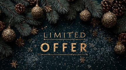 Gold ornaments and pine branches frame "LIMITED OFFER," evoking festive urgency and seasonal shopping excitement. The image radiates holiday cheer and promotional charm.