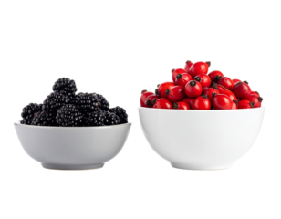 Studio photograph of a white bowl of cranberries and a separate bowl of blackberries side by side, fresh fruit