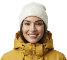 Smiling Asian young woman wearing white beanie and yellow winter jacket, headshot on transparent background, PNG image file