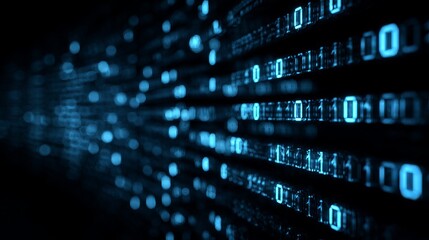 Immersive digital stream of glowing blue binary code flows into the future, representing data and technological advancement
