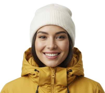 Smiling Asian young woman wearing white beanie and yellow winter jacket, headshot on transparent background, PNG image file - Powered by Adobe