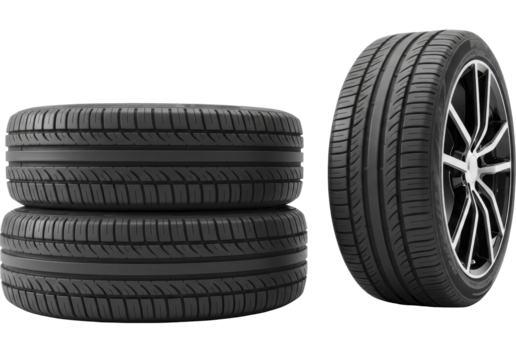 New automotive vehicle tires stacked and upright on a transparent background PNG image PNG file
